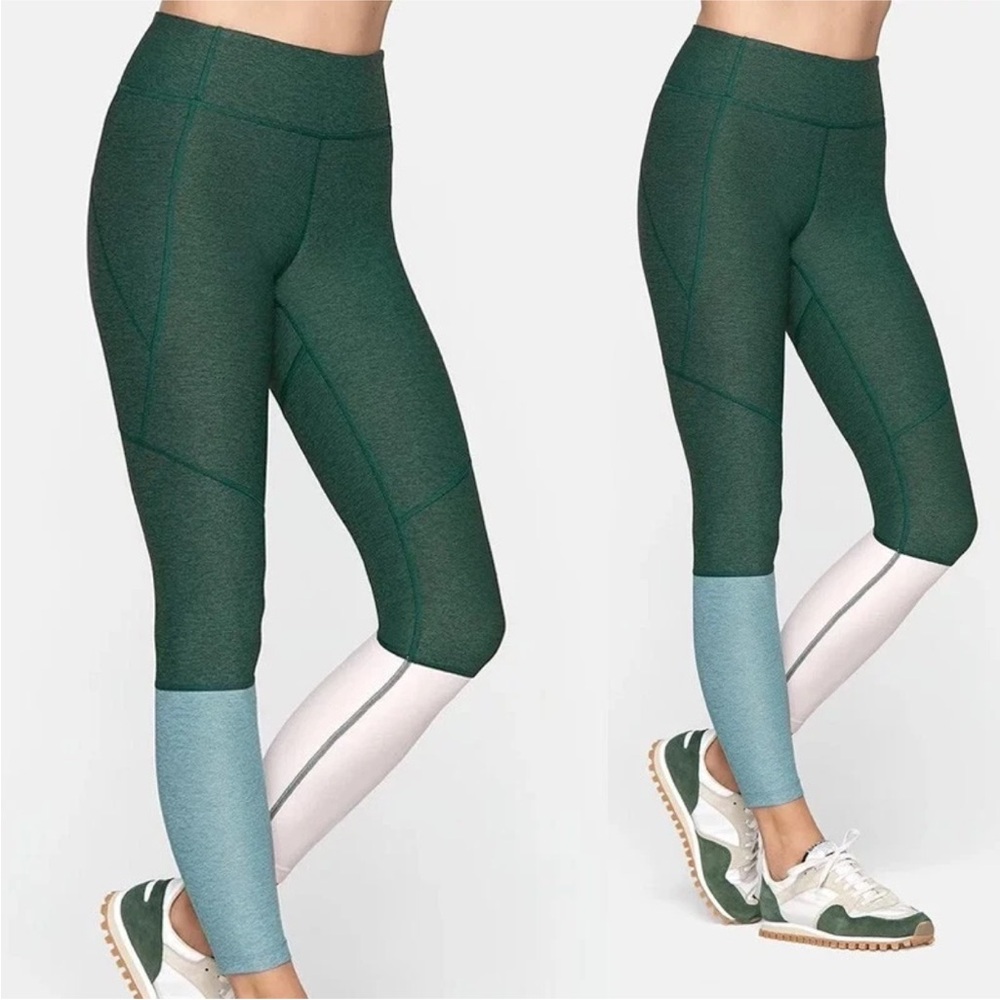 Outdoor Voices Women's XS Hunter Green Blue Pink Colorblock 7/8 Midrise Leggings